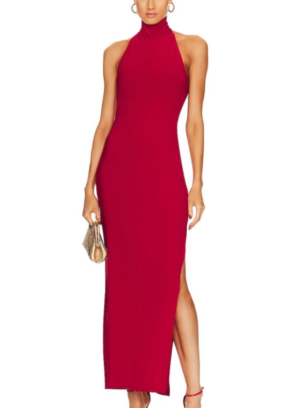 Norma Kamali Halter Turtleneck Slit Gown